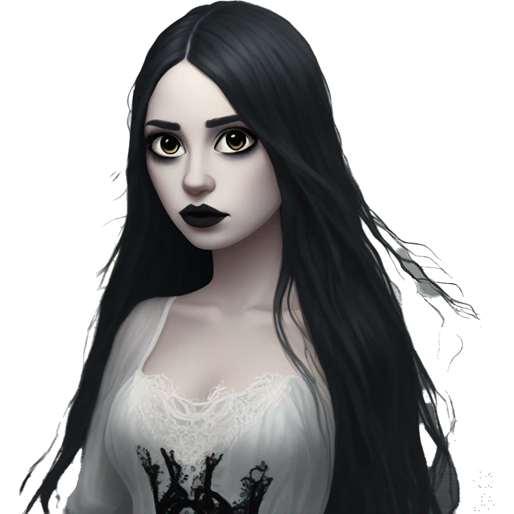 Dramatic girl  goth white pale with dark lighting  with black hair  in river with very very long lace dress  black long hair flying in the wind sad face  white eyes emoji