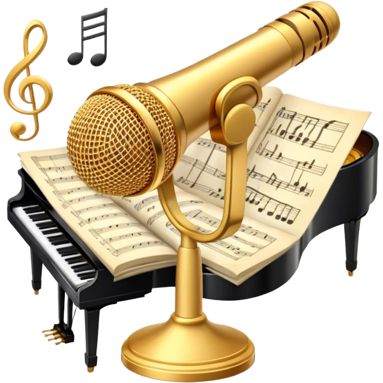Create an elegant and refined emoji that represents classical or academic vocal performance. The design should feature a microphone, sheet music with musical notes, and a treble clef to symbolize the vocal artistry and music theory behind academic singing. Add subtle elements like a vocal warm-up chart or a grand piano to reflect the classical training. Use classic colors like gold, silver, and deep blue to emphasize sophistication and professionalism. The background should be transparent. emoji