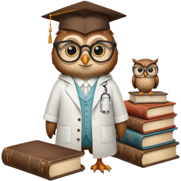 Wise bird with glasses, wearing a lab coat, perched on a stack of books. emoji