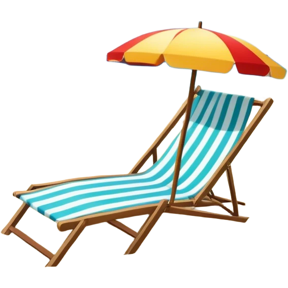Icon for Beach Tourism: a sunny beach with the sea and waves, a lounge chair, a sun umbrella, and flip-flops on the sandy shore. The background should be a clear, vibrant ocean view with the sun shining brightly. Transparent background. emoji