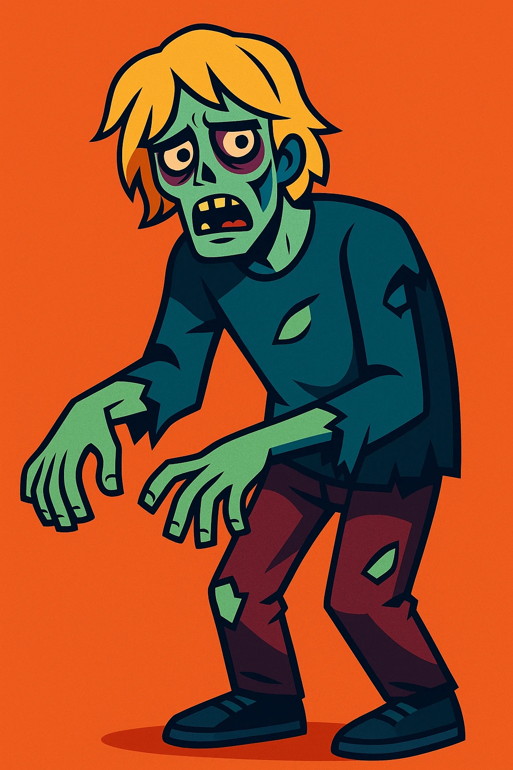young man with slightly long blond hair depicted as a zombie with pale skin dark circles under eyes tattered clothing modern illustration style emoji