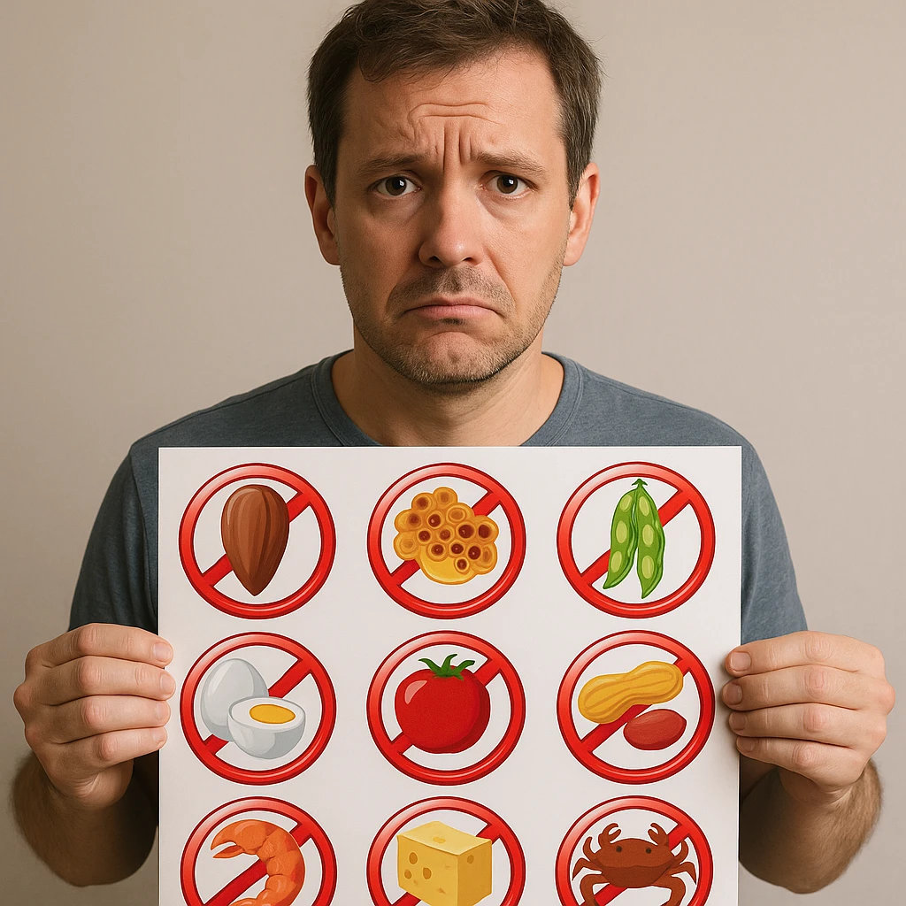 A 40-year-old man suffering from food intolerances, inspired by the reference image, holding a sign with symbols of forbidden foods, with a worried expression. Realistic or illustrative style with a neutral background. emoji