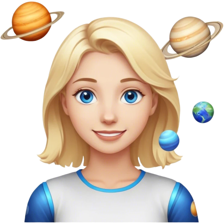 A blonde with blue eyes and a friendly smile stands while the planets spin emoji