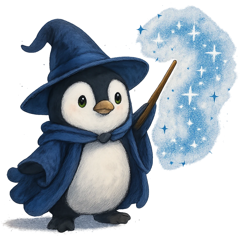 penguin wizard casting a spell with sparkles around emoji