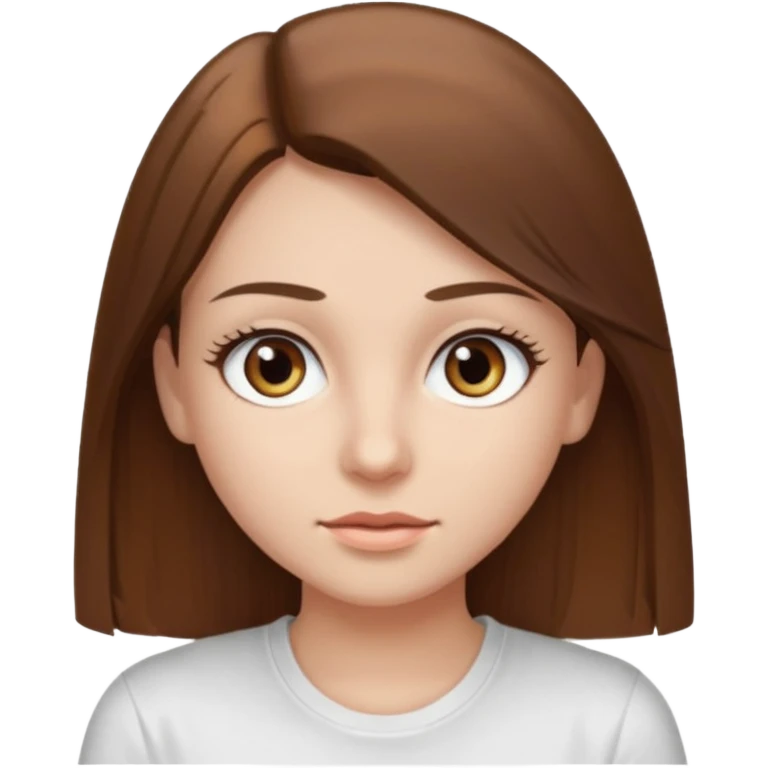 Chica de pelo liso ,largo y marrón con ojos color marrón claro y una camiseta blanca y la piel blanca con pestañas emoji