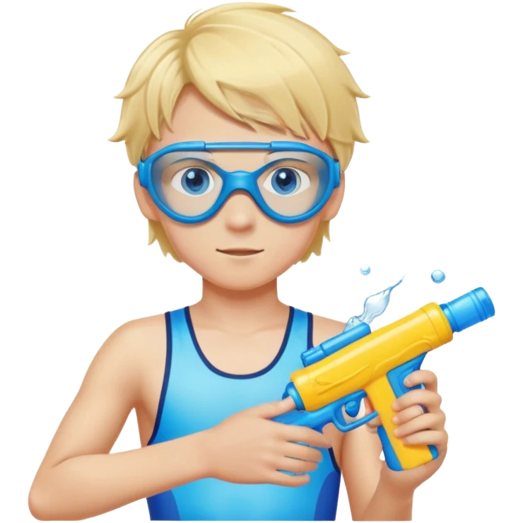 Blond 18 year old boy, with blue eyes, wearing swim goggles, normal clothes, holding a water gun emoji