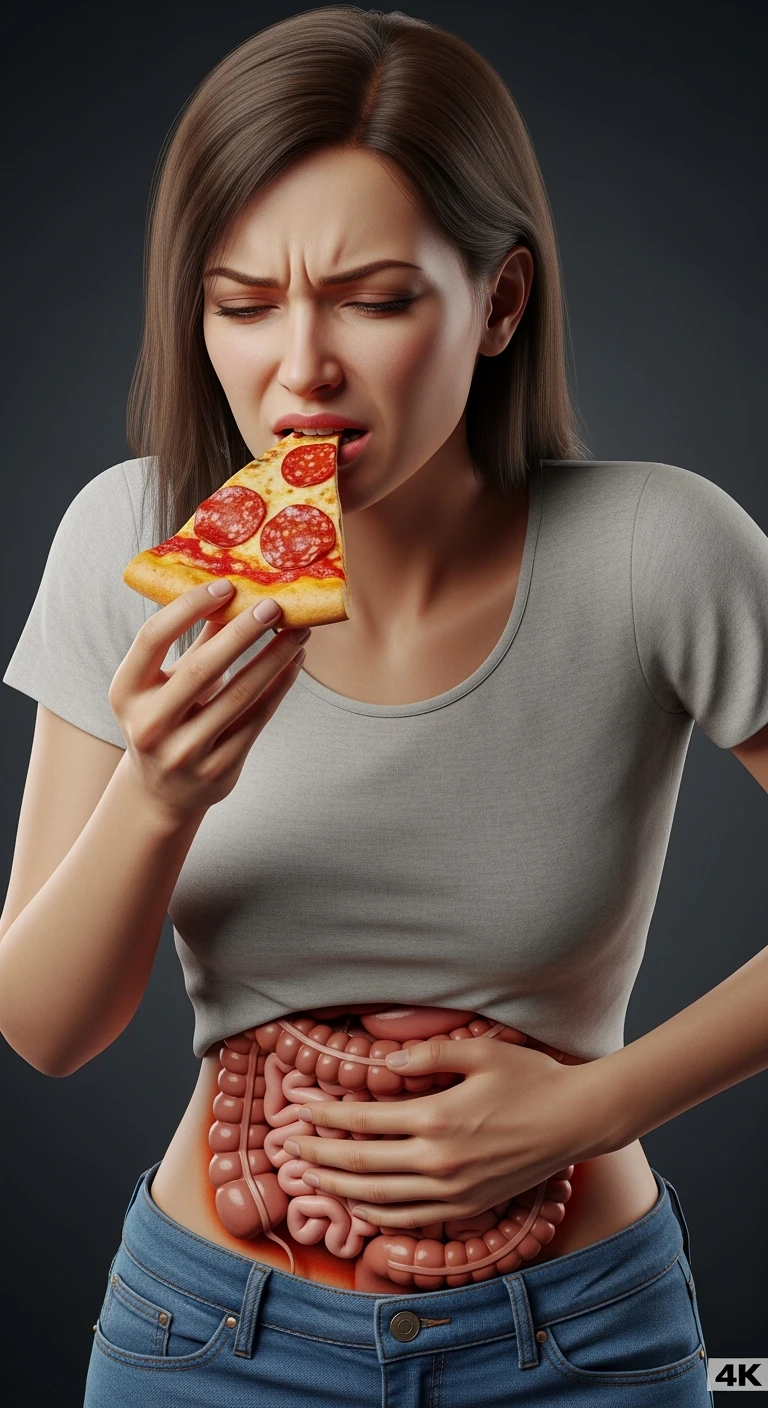 DONNA CON INTESTINO ANATOMICO REALISTICO IN EVIDENZA E MAL DI PANCIA MENTRE MANGIA UNA FETTA DI PIZZA, iperrealistici 4k, non disegnati emoji