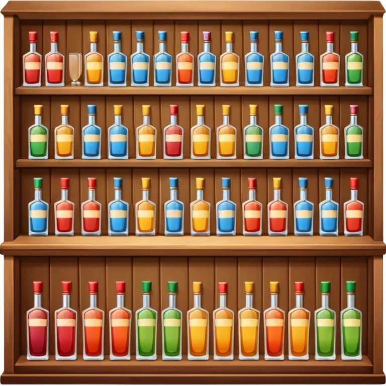 A wooden bar counter with rows of colorful liquor bottles lined up behind.
 emoji