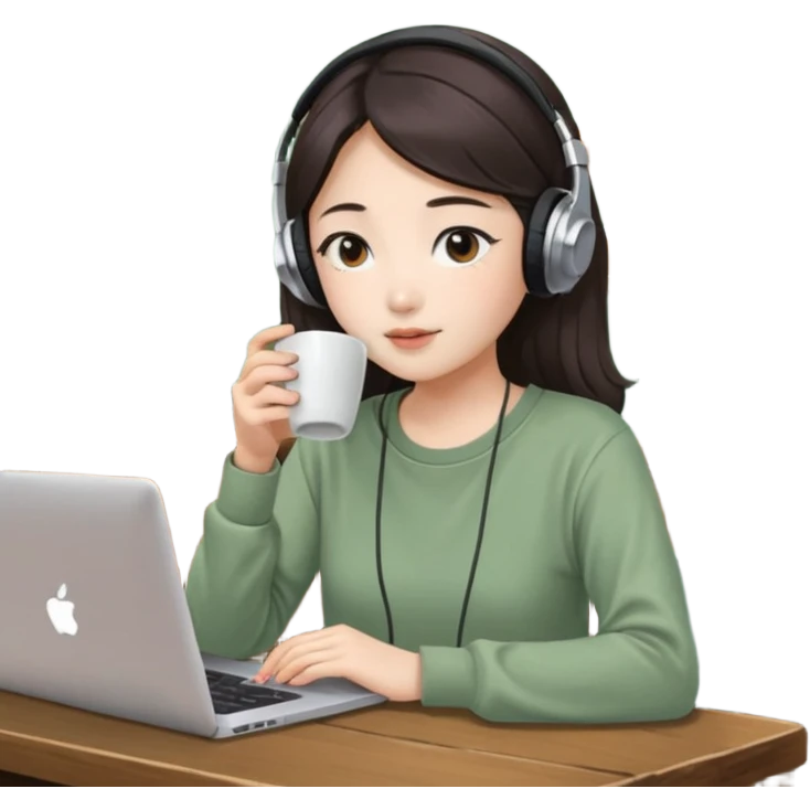 A Korean girl at a dive bar with a laptop and headphones with coffee watchin a korean drama the shirt in sage green emoji
