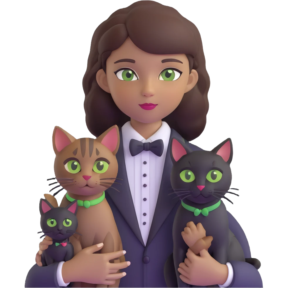 brown haired girl with light tan skin and brown eyes holding a black Bombay cat with green eyes and a black and white Tuxedo cat with hazel eyes emoji