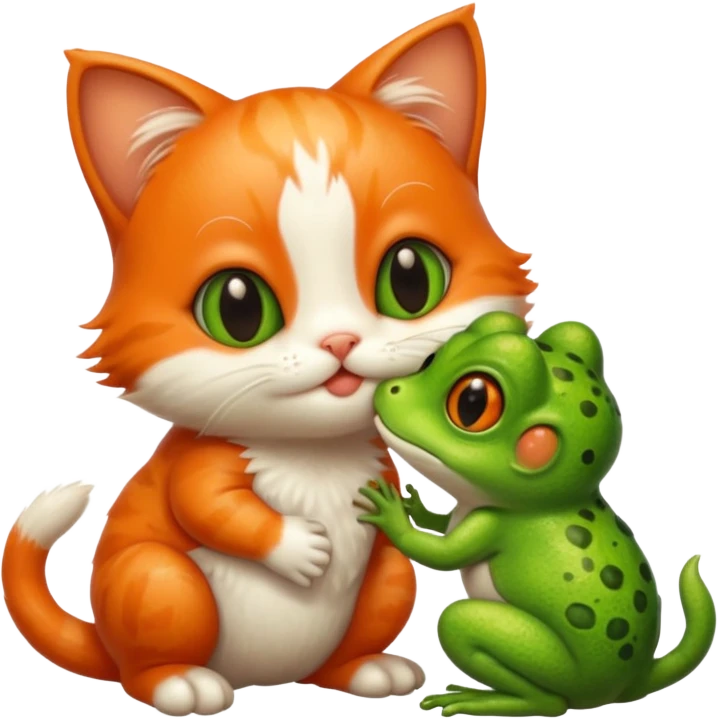 Very cute Kitten and very cute frog kissing emoji