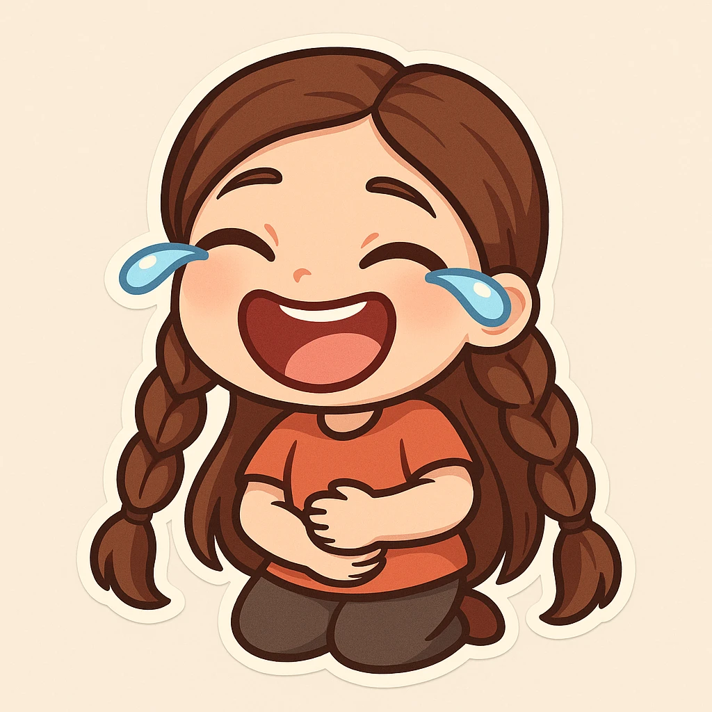 Create a chibi sticker of the girl from the reference image, laughing hard, holding her stomach, tears of laughter, joyful and lively, with long hair. emoji