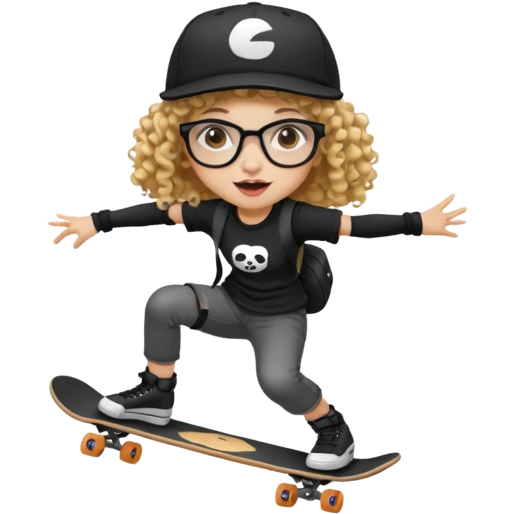 ["An excited girl with light skin, curly hair, wearing a baseball cap and square glasses, dressed in goth fashion, is skateboarding while holding a camera."] emoji
