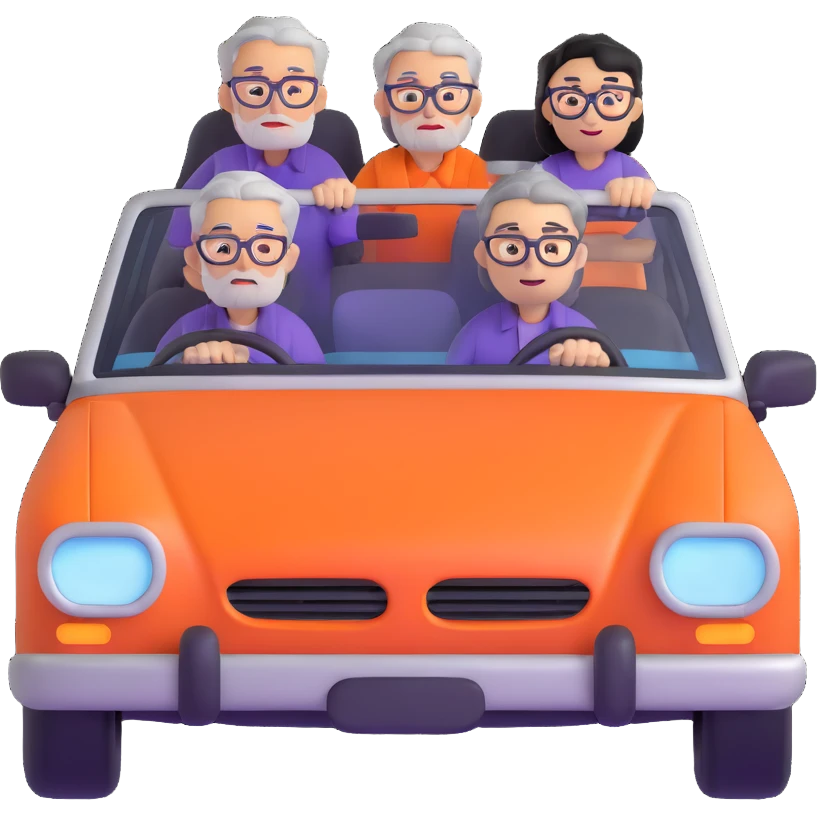 orange car front view with three people visible through windshield: driver with purple shirt and stubble, front passenger with gray hair and glasses, back passenger with black hair and glasses emoji