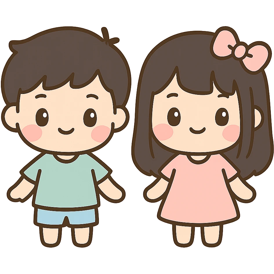 two kids, a boy and a girl, both with black hair, kawaii style emoji