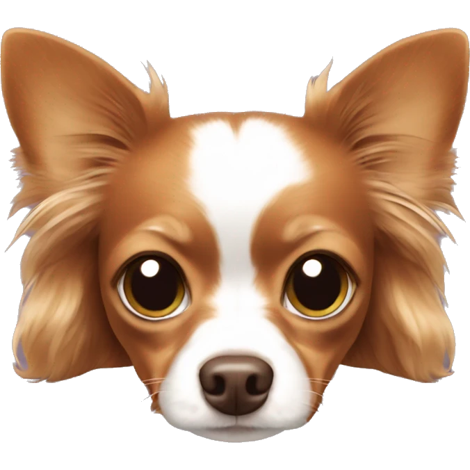 Long-haired reddish brown Chihuahua with white markings lying on bed  emoji