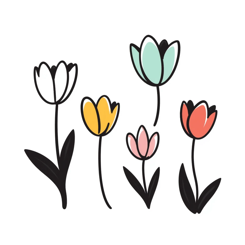 Tulip flowers with stems and leaves in pastel colors (dd9fb0, ffc6d3, a3bfc9, c4bee2, f1b091), hand-drawn doodle style emoji