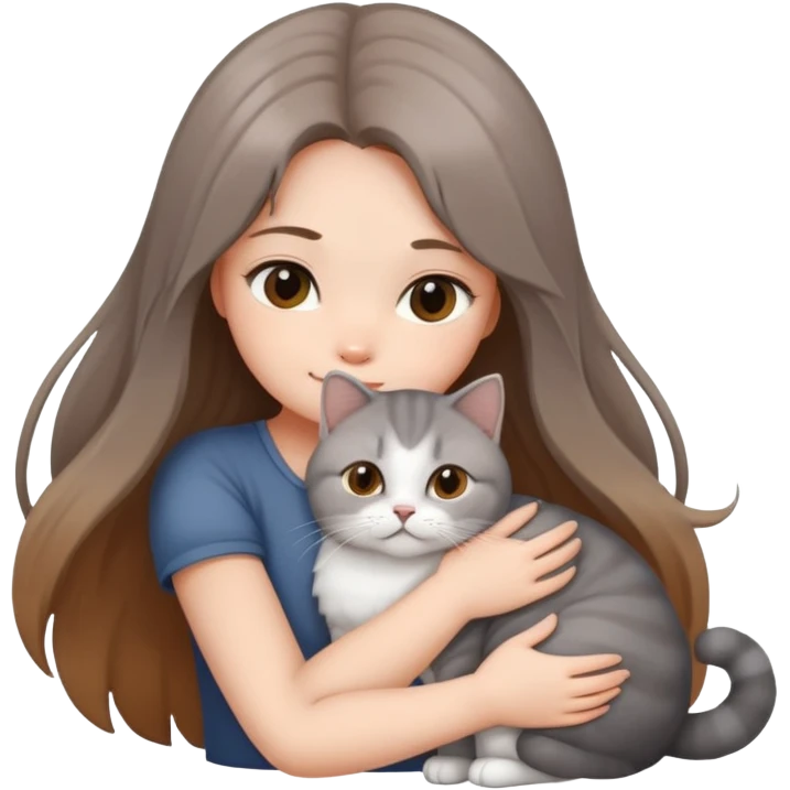 A long-haired girl hugs a British shorthair cat with a brown and white gradient emoji