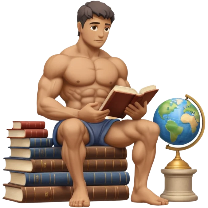 sculpted stone muscular stoic statue sitting on a stack of books, reading a book, with a globe nearby emoji