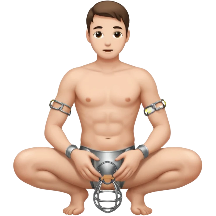 Submissive man on his knees wearing a chastity cage on his little penis emoji