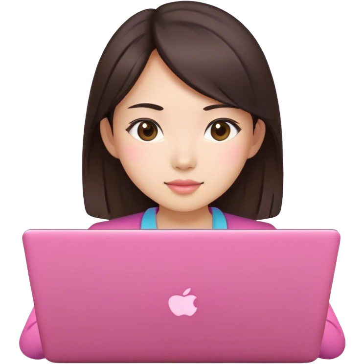 Brunette Asian girl working pink laptop emoji
