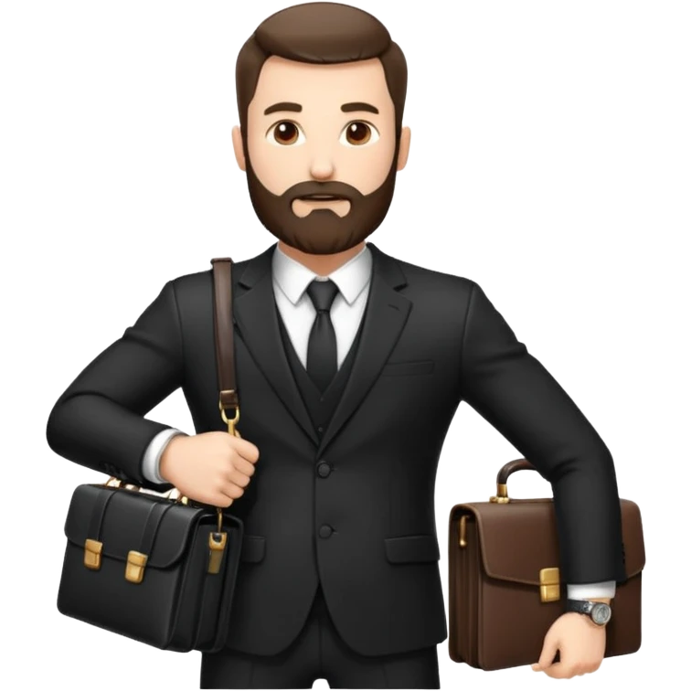 A handsome man, 40+ years old, with a thick beard in a black suit, fair skin, short stylish haircut, full-length photo, wearing an expensive watch, unusual pose, holding a briefcase, pumped up, super realistic emoji emoji