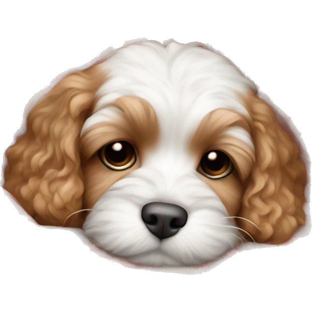 white and red cavapoo puppy sleeping with a blanket emoji