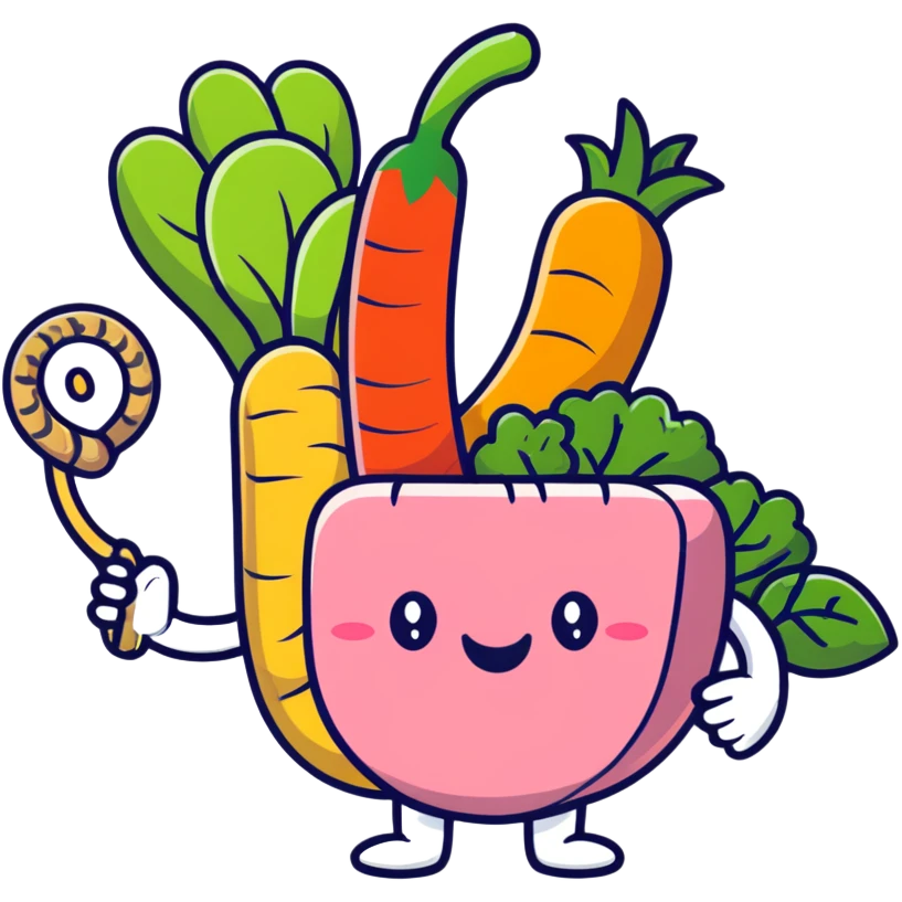 Cute cartoon representation of dietary fiber with happy vegetables, fruits, and whole grains linked by fibrous strands, with a smiling intestine character showing improved digestive health emoji