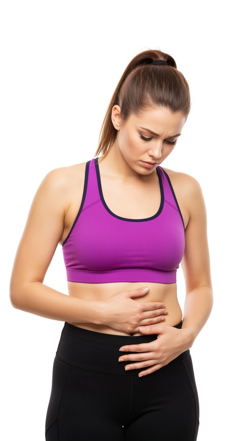 DONNA fitness CHE SI TOCCA LA PANCIA CON ESPRESSIONE DISPIACIUTA IN VOLTO PERCHé DEVE DIMAGRIRE, ISOLATO SU SFONDO BIANCO emoji