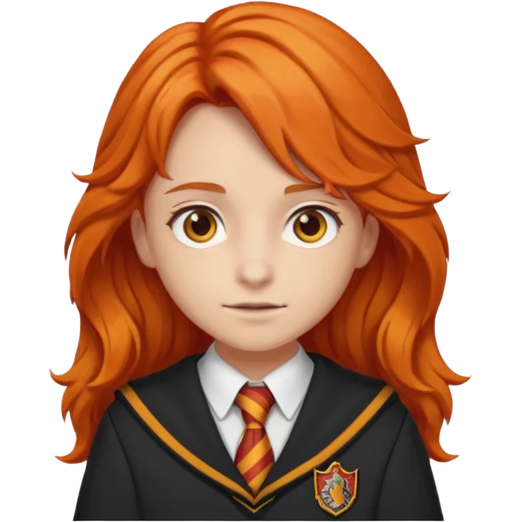 A iphone emoji with long wavy fierce orange hair and hazel eyes, wearing Gryffindor school uniform emoji