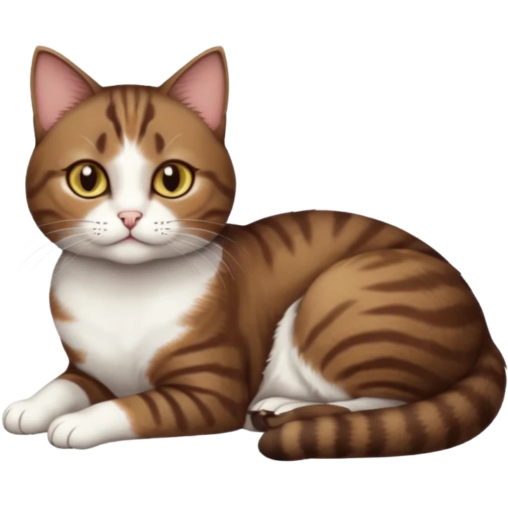 full body tiny short hair dark brown and white cat with hazel eyes lying down emoji