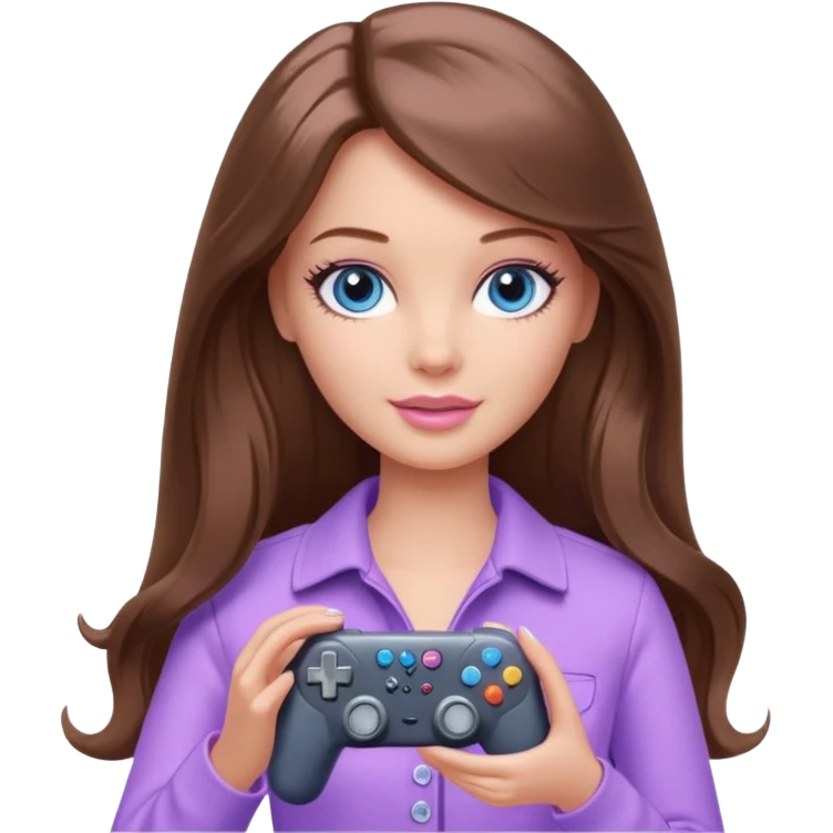 beautiful barbie girl with long brown hair, blue eyes and wearing light purple clothes playing console games with controller emoji