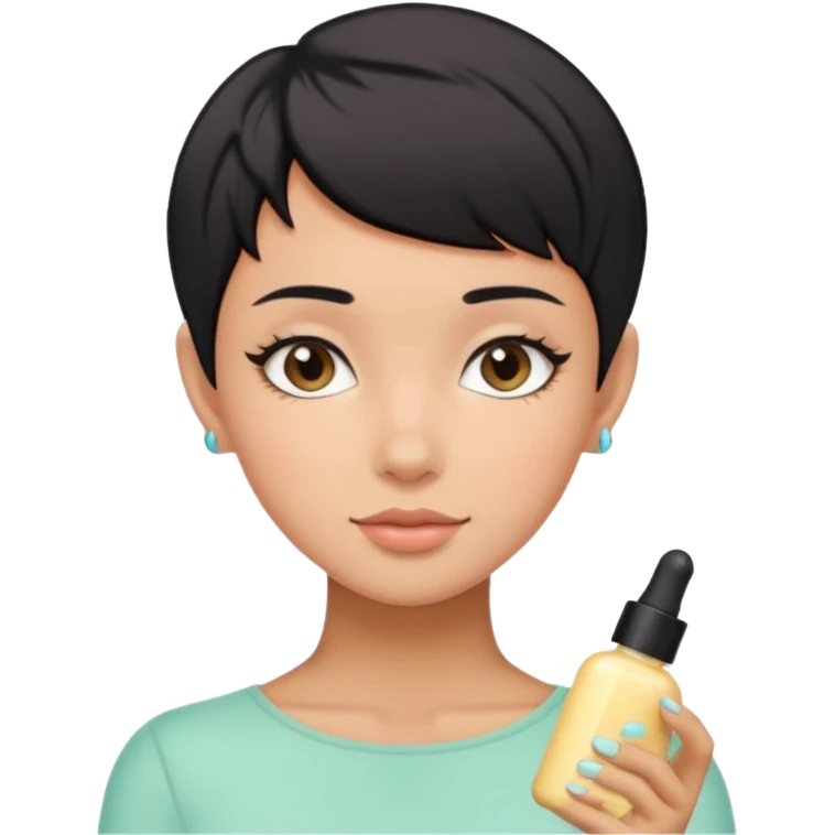 tan girl with black hair & a pixie cut no earrings doing cute pastel colors skin care emoji