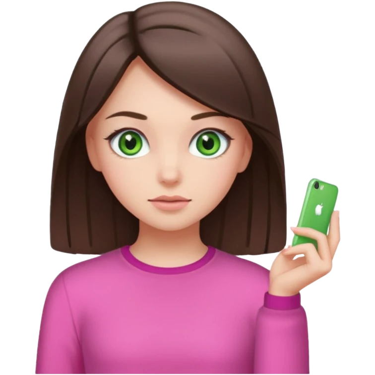 Create a girl with straight clear brunette hair and green eyes and pink clothes. Half body emoji