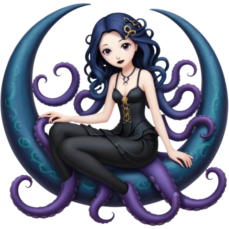 goth lady with tentacles, sitting on a crescent moon, tentacles swirling around emoji