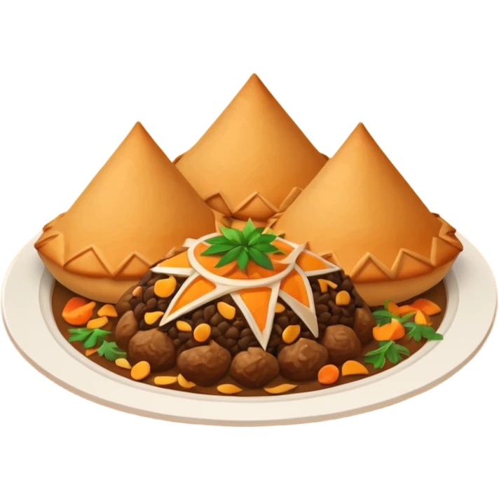 Uzbek cuisine humanless avatar in bright emoji-style illustration. Classic dishes like plov and samsa, warm golden and earthy tones, simple shapes, flat design, high contrast, friendly and appetizing. emoji