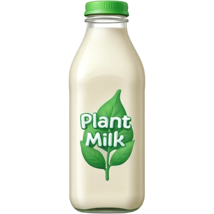 A 3D cartoon bottle of plant-based milk identical to dairy milk, small green tint or leaf mark, Memoji-style. emoji