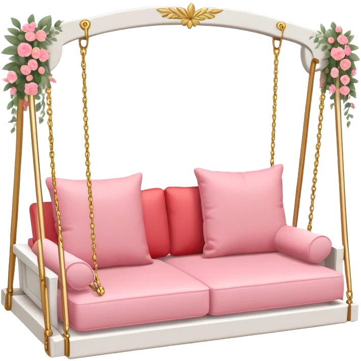 Romantic white wooden pastel-red-pink cushions couch-swing with tiny gold flowers around emoji