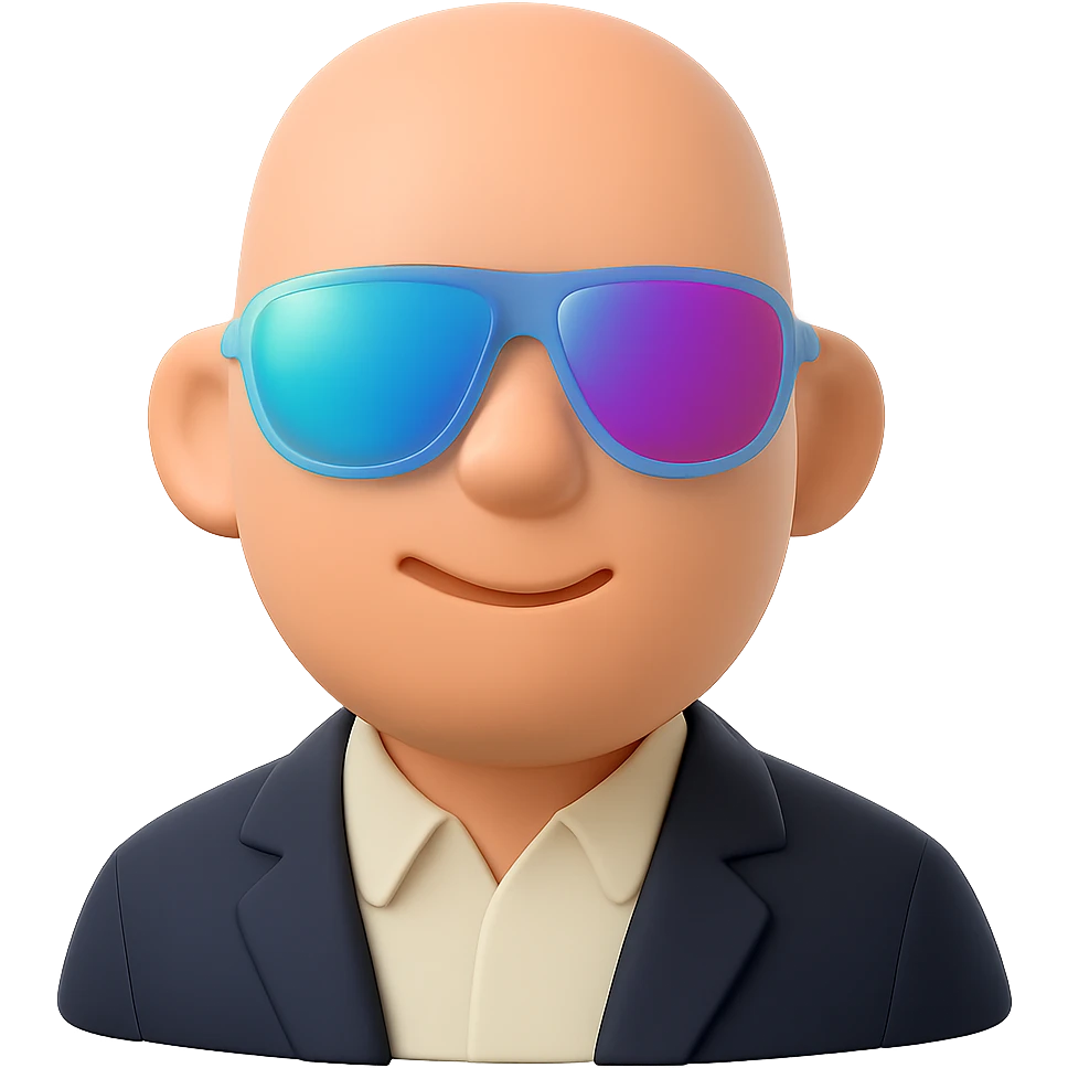 Create a 3D emoji-style portrait of the person in the foreground with a professional look: collared shirt, blazer, confident and approachable expression. Keep the reflective sunglasses for a modern touch. The style should resemble Microsoft 3D Fluent emoji style with a transparent background. emoji
