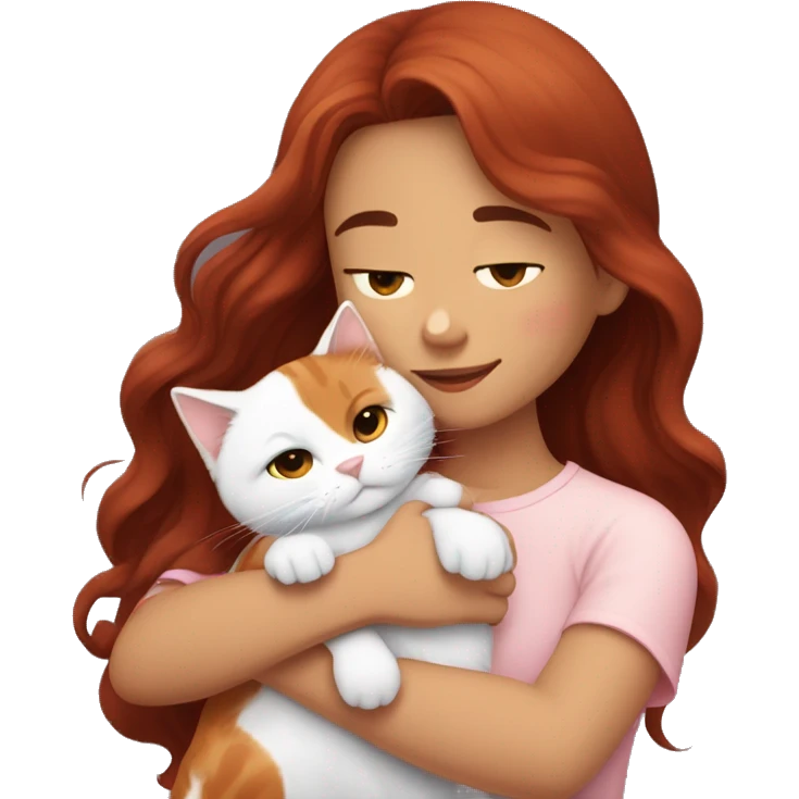 girl with long very dark red wavy hair and dark brown eyes and light pink outfit hugging a white & ginger cat  emoji
