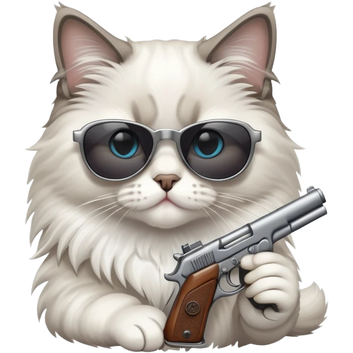 One ragdoll cat with sunglasses holding a small gun emoji
