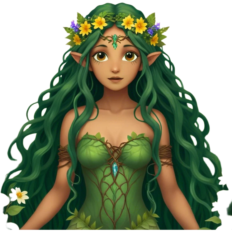 Cinematic Realistic Forest Nymph Fairy Portrait, depicted with lifelike, sun-kissed tanned skin that radiates an earthy glow, softly illuminated by natural, dappled light. Her long, flowing dark green hair is intricately detailed and interwoven with delicate vines and wildflowers, while her deep, soulful eyes mirror the wisdom of the forest. Dressed in an attire inspired by nature’s palette—with subtle botanical motifs—the portrait exudes a soft, enchanted glow that melds realism with woodland magic showing her large butterfly wings from her back. emoji