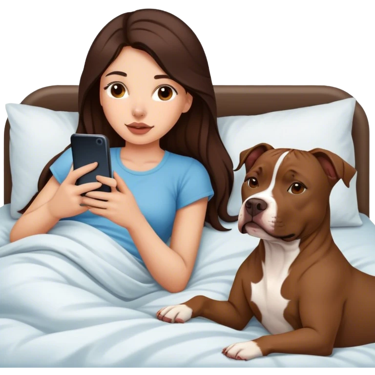 Girl long dark brown hair lays bed with her cell phone and her brown pit bull lays guarding her emoji