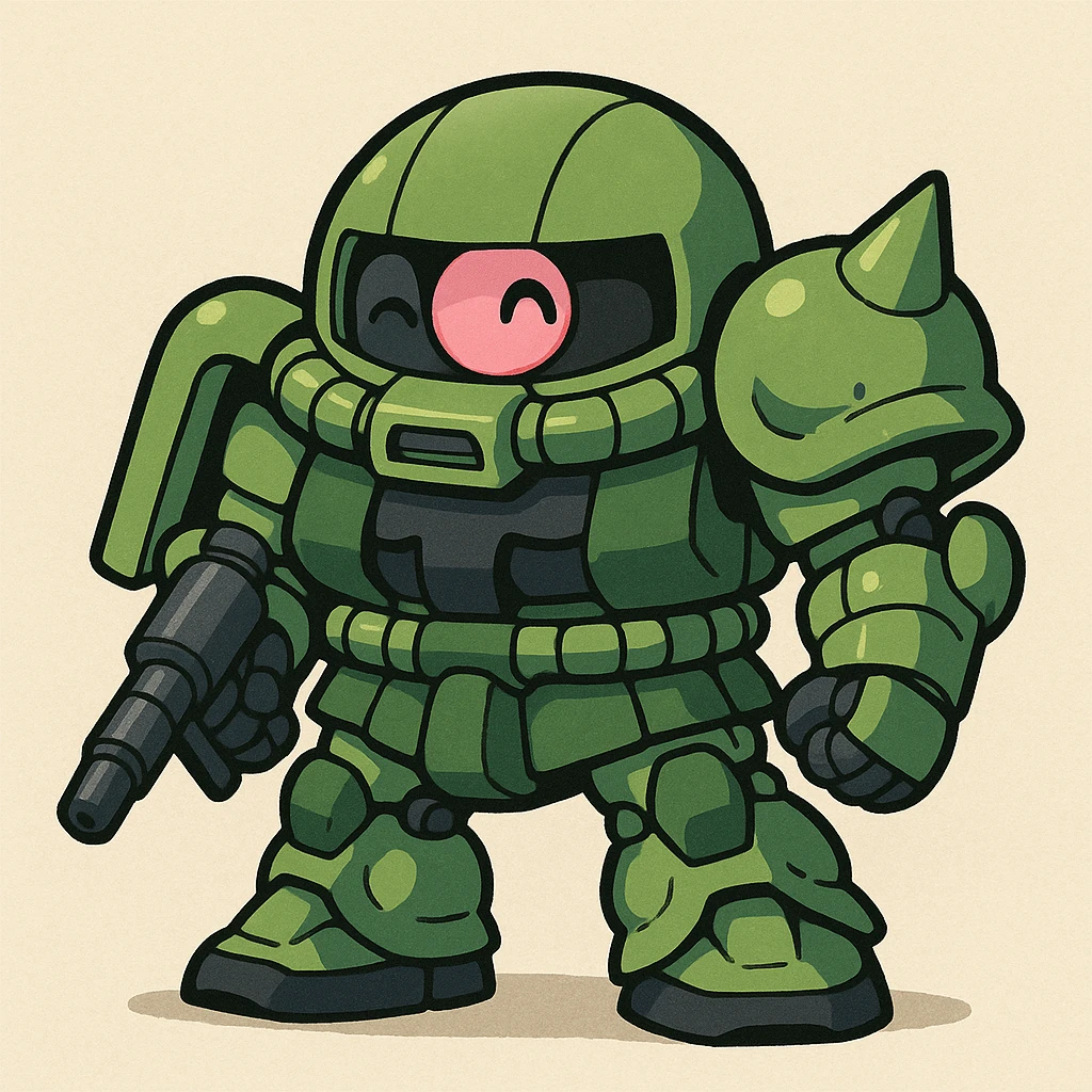 Zaku robot, stylized cartoon, green and black colors, big mono-eye, playful expression, simple background, no text emoji