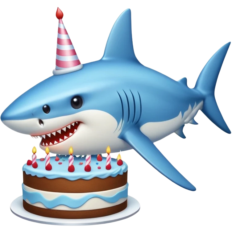 blue shark with puckered lips directly kissing a birthday cake, clear kissing action emoji