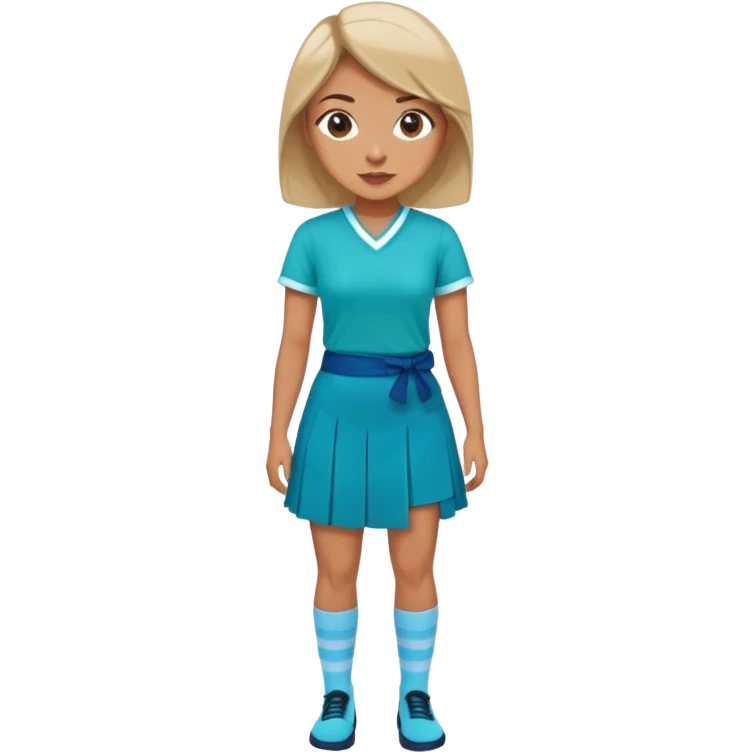 woman wearing teal wrap shirt, blue a-line skirt, light blue knee-high socks emoji