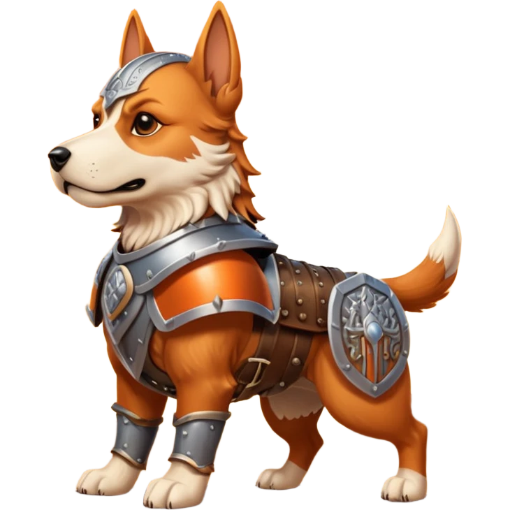 valorous Viking dog in Valhalla, detailed armor, heroic pose, glowing sky emoji