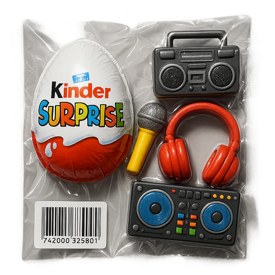 Kinder Surprise egg with wrapper, next to toys including microphone, boombox, headphones, DJ controller, glossy vacuum-sealed style emoji