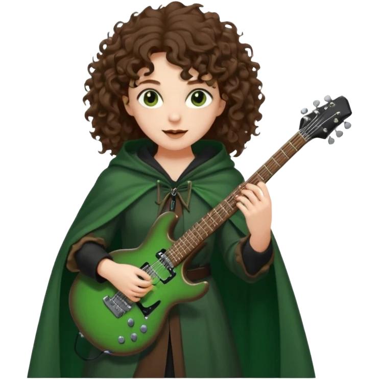 Brown eyes, brown hair curly forest witch playing electric guitar emoji