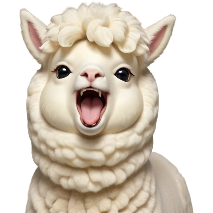 Cinematic Cute Yawning Cream Alpaca Portrait Emoji, Head tilted slightly with a dramatic, wide-open yawn, showcasing a soft, fluffy cream fleece with subtly drooping ears, round gentle eyes barely open in drowsy contentment, Simplified yet irresistibly adorable features, highly detailed, glowing with a soft, cozy glow, high shine, relaxed yet expressive, stylized with a touch of whimsy, bright and endearing, soft glowing outline, capturing the essence of a sleepy yet affectionate alpaca, so drowsy it feels like it could stretch out of the screen and curl up for a nap! emoji
